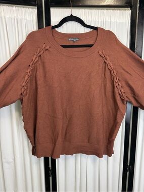 Adrianna Papell Rust Crewneck Sweater with Braided Raglan Detail